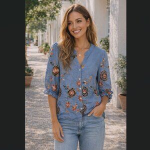Artisan Embroidered Blue Floral Button-Front Top by